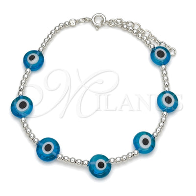 Sterling Silver Fancy Bracelet, Ball and Evil Eye Design, with Turquoise Crystal, Polished, Silver Finish for wholesale, main product view
