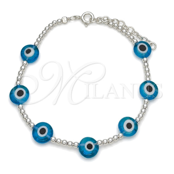 Sterling Silver Fancy Bracelet, Ball and Evil Eye Design, with Turquoise Crystal, Polished, Silver Finish, 03.401.0013.07 (02 MM Thickness, 7 Inches Length)