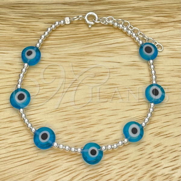 Sterling Silver Fancy Bracelet, Ball and Evil Eye Design, with Turquoise Crystal, Polished, Silver Finish, 03.401.0013.07 (02 MM Thickness, 7 Inches Length)