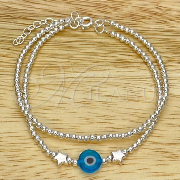 Sterling Silver Fancy Bracelet, Ball and Evil Eye Design, with Blue Topaz Crystal, Polished, Silver Finish, 03.401.0014.07 (02 MM Thickness, 7 Inches Length)