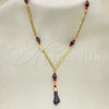 Oro Laminado Fancy Necklace, Gold Filled Style Figa Hand and Mariner Design, with Black and Orange Red Crystal, Polished, Golden Finish, 03.63.1812.18 (04 MM Thickness, 18 Inches Length)