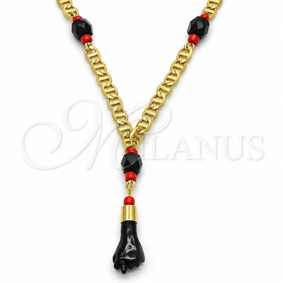 Oro Laminado Fancy Necklace, Gold Filled Style Figa Hand and Mariner Design, with Black and Orange Red Crystal, Polished, Golden Finish, 03.63.1812.18 (04 MM Thickness, 18 Inches Length)