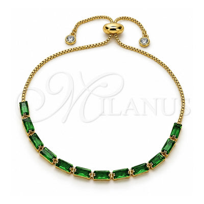Oro Laminado Adjustable Bolo Bracelet, Gold Filled Style Baguette Design, with Green Cubic Zirconia, Polished, Golden Finish, 03.341.0186.3.10 (01 MM Thickness, 10 Inches Length)