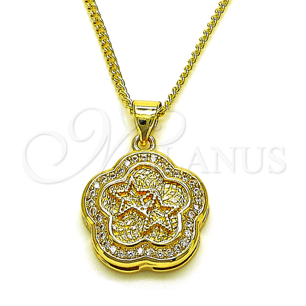 Oro Laminado Pendant Necklace, Gold Filled Style Star and Flower Design, with White Micro Pave, Polished, Golden Finish, 04.156.0467.18 (02 MM Thickness, 18 Inches Length)