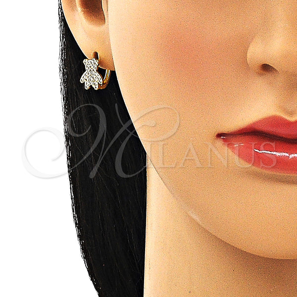 Gold Filled Hoop Earrings — Huggie Hoop Teddy Bear Design with White Micro — alternate product view — SKU 149720 | Oro Laminado aretes de aro — Huggie Hoop Teddy Bear diseño with blanco Micro — SKU 149720
