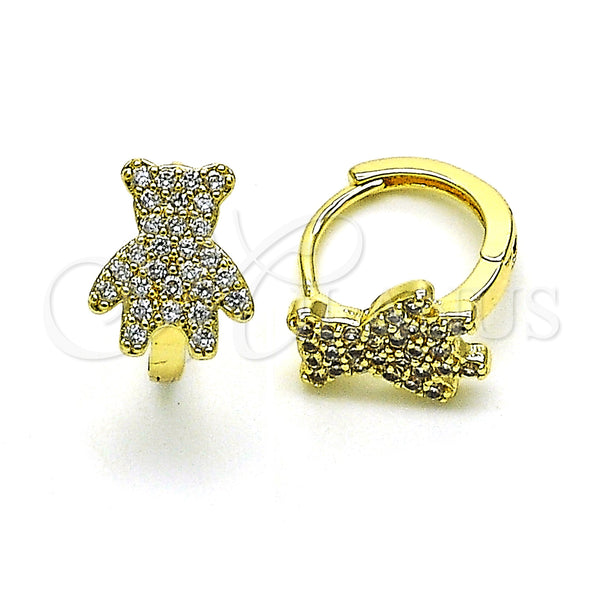 Gold Filled Hoop Earrings — Huggie Hoop Teddy Bear Design with White Micro — main product view — SKU 149720 | Oro Laminado aretes de aro — Huggie Hoop Teddy Bear diseño with blanco Micro — SKU 149720