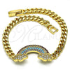 Oro Laminado Fancy Bracelet, Gold Filled Style Curb Design, with Multicolor Micro Pave, Polished, Golden Finish, 03.283.0254.07 (05 MM Thickness, 7 Inches Length)