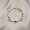 Oro Laminado Fancy Bracelet, Gold Filled Style Heart Design, with Multicolor and White Cubic Zirconia, Polished, Golden Finish, 03.283.0242.1.07 (06 MM Thickness, 7 Inches Length)