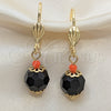 Oro Laminado Dangle Earring, Gold Filled Style Ball Design, with Black and Garnet Crystal, Polished, Golden Finish, 02.63.2756