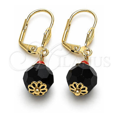 Oro Laminado Dangle Earring, Gold Filled Style Ball Design, with Black and Garnet Crystal, Polished, Golden Finish, 02.63.2756