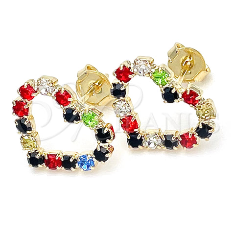 Oro Laminado Stud Earring, Gold Filled Style Heart Design, with Multicolor Cubic Zirconia, Polished, Golden Finish, 02.09.0216