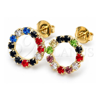 Oro Laminado Stud Earring, Gold Filled Style with Multicolor Cubic Zirconia, Polished, Golden Finish, 02.09.0217