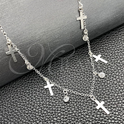 Sterling Silver Fancy Necklace, Cross and Rolo Design, with White Cubic Zirconia, Polished, Silver Finish, 04.401.0008.18 (02 MM Thickness, 18 Inches Length)