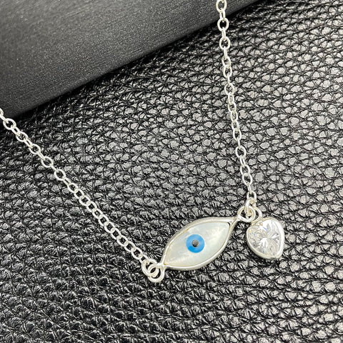 Sterling Silver Fancy Necklace, Evil Eye and Rolo Design, with Ivory Mother of Pearl and White Cubic Zirconia, Polished, Silver Finish, 04.401.0014.18 (02 MM Thickness, 18 Inches Length)