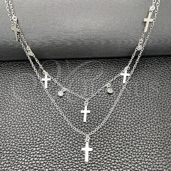 Sterling Silver Necklace — Fancy Necklace Rolo and Cross Design with White — main product view — SKU 149782 | Plata 925 collar — elegante Necklace Rolo and cruz diseño with blanco — SKU 149782