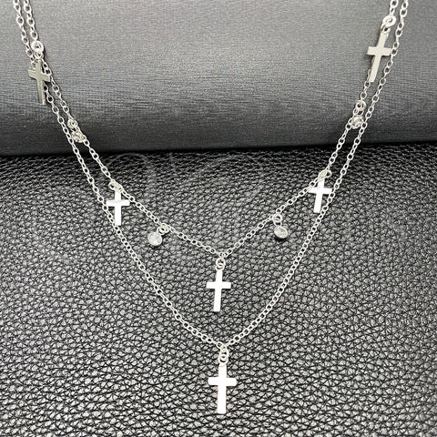 Sterling Silver Fancy Necklace, Rolo and Cross Design, with White Cubic Zirconia, Polished, Silver Finish, 04.402.0005.18 (06 MM Thickness, 18 Inches Length)