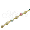 Oro Laminado Fancy Bracelet, Gold Filled Style Virgen Maria and Evil Eye Design, Multicolor Enamel Finish, Golden Finish, 03.213.0159.1.08