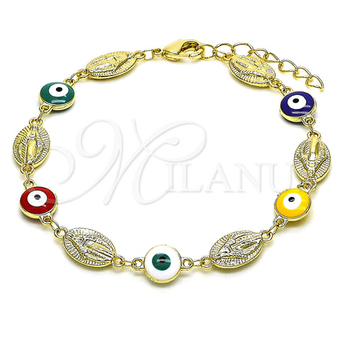Oro Laminado Fancy Bracelet, Gold Filled Style Virgen Maria and Evil Eye Design, Multicolor Enamel Finish, Golden Finish, 03.213.0159.1.08 (08 MM Thickness, 8 Inches Length)