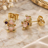 Oro Laminado Stud Earring, Gold Filled Style Teddy Bear Design, with Rose Water Opal and Ruby Cubic Zirconia, Polished, Golden Finish, 02.210.0767