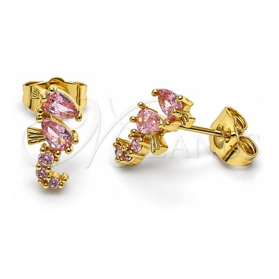 Oro Laminado Stud Earring, Gold Filled Style Seahorse Design, with Pink Cubic Zirconia, Polished, Golden Finish, 02.210.0769