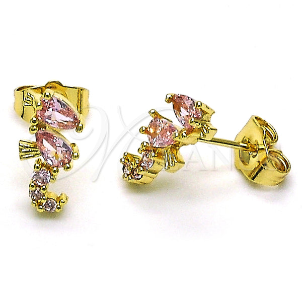 Oro Laminado Stud Earring, Gold Filled Style Seahorse Design, with Pink Cubic Zirconia, Polished, Golden Finish, 02.210.0769