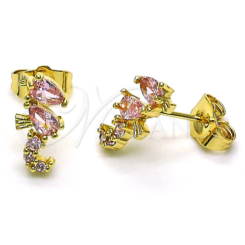 Oro Laminado Stud Earring, Gold Filled Style Seahorse Design, with Pink Cubic Zirconia, Polished, Golden Finish, 02.210.0769