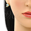 Oro Laminado Stud Earring, Gold Filled Style Heart and Love Design, with Aqua Blue Cubic Zirconia, Polished, Golden Finish, 02.210.0771
