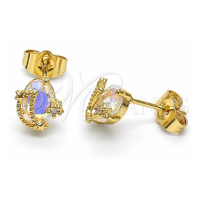 Oro Laminado Stud Earring, Gold Filled Style Moon and Star Design, with Aurore Boreale and White Cubic Zirconia, Polished, Golden Finish, 02.210.0775