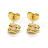 Oro Laminado Stud Earring, Gold Filled Style Teddy Bear and Heart Design, with Rose Water Opal Cubic Zirconia, Polished, Golden Finish, 02.210.0778