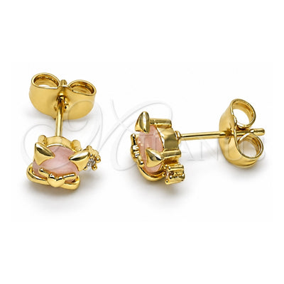 Oro Laminado Stud Earring, Gold Filled Style Teddy Bear and Heart Design, with Rose Water Opal Cubic Zirconia, Polished, Golden Finish, 02.210.0778