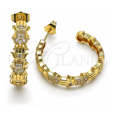 Oro Laminado Medium Hoop, Gold Filled Style Judaica and Hand of God Design, with White Micro Pave, Polished, Golden Finish, 02.210.0779.30