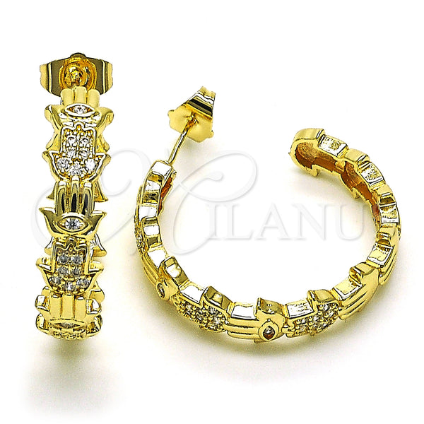 Gold Filled Hoop Earrings — Medium Hoop Judaica and Hand of God Design — main product view — SKU 149870 | Oro Laminado aretes de aro — Medium Hoop Judaica and Hand of God diseño — SKU 149870