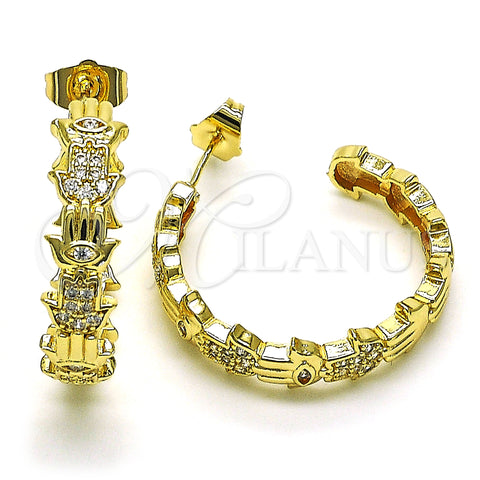 Oro Laminado Medium Hoop, Gold Filled Style Hand of God Design, with White Micro Pave, Polished, Golden Finish, 02.210.0779.30