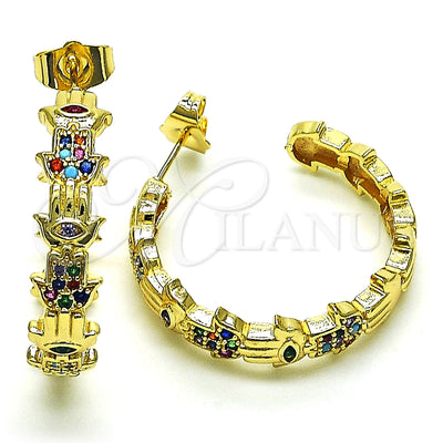 Oro Laminado Medium Hoop, Gold Filled Style Judaica and Hand of God Design, with Multicolor Micro Pave for wholesale, main product view