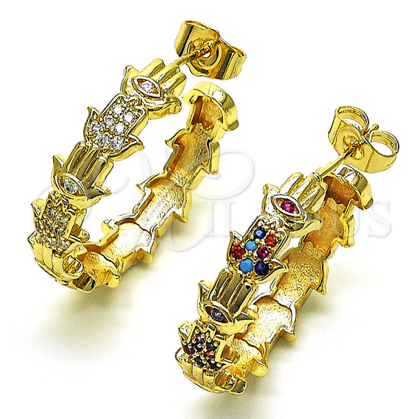 Gold Filled Hoop Earrings — Medium Hoop Judaica and Hand of God Design — main product view — SKU 149871 | Oro Laminado aretes de aro — Medium Hoop Judaica and Hand of God diseño — SKU 149871