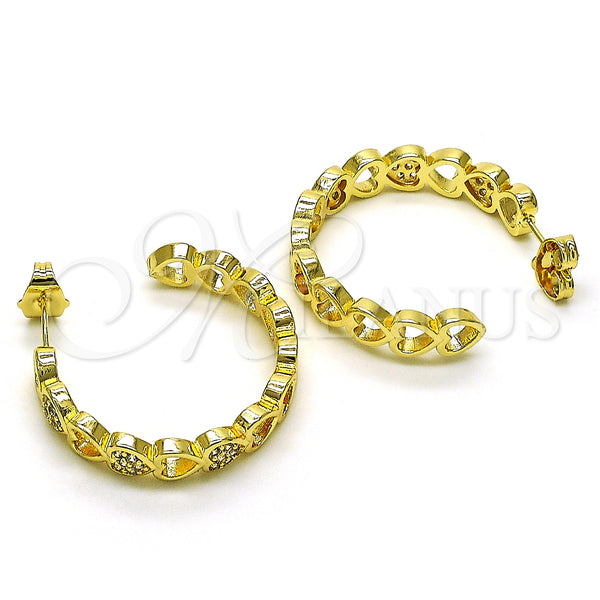 Gold Filled Hoop Earrings — Medium Hoop Heart Design with White Micro Pave — main product view — SKU 149873 | Oro Laminado aretes de aro — Medium Hoop corazón diseño with blanco Micro Pave — SKU 149873