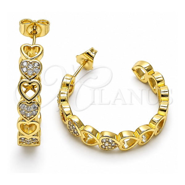 Oro Laminado Medium Hoop, Gold Filled Style Heart Design, with White Micro Pave, Polished, Golden Finish, 02.210.0781.30