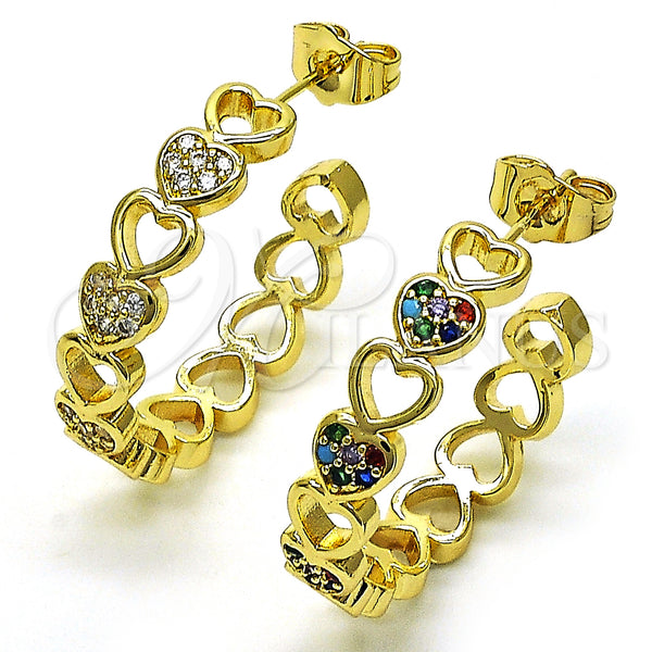 Gold Filled Hoop Earrings — Medium Hoop Heart Design with White Micro Pave — alternate product view — SKU 149873 | Oro Laminado aretes de aro — Medium Hoop corazón diseño with blanco Micro Pave — SKU 149873