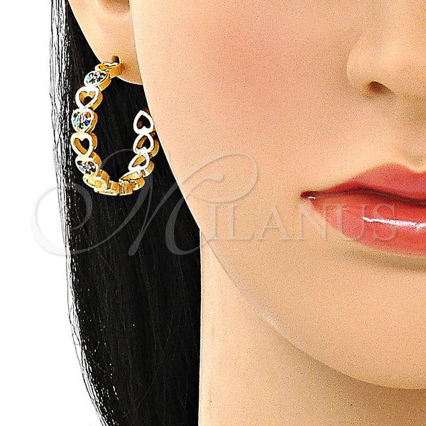 Gold Filled Hoop Earrings — Medium Hoop Heart Design with Multicolor Micro Pave — alternate product view — SKU 149874 | Oro Laminado aretes de aro — Medium Hoop corazón diseño with Multicolor Micro Pave — SKU 149874