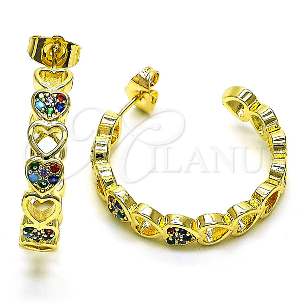 Gold Filled Hoop Earrings — Medium Hoop Heart Design with Multicolor Micro Pave — main product view — SKU 149874 | Oro Laminado aretes de aro — Medium Hoop corazón diseño with Multicolor Micro Pave — SKU 149874