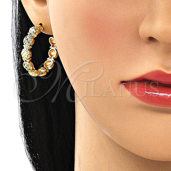Gold Filled Hoop Earrings — Medium Hoop Pineapple Design with Multicolor Micro Pave — alternate product view — SKU 149876 | Oro Laminado aretes de aro — Medium Hoop Pineapple diseño with Multicolor Micro Pave — SKU 149876