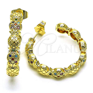 Gold Filled Hoop Earrings — Medium Hoop Pineapple Design with Multicolor Micro Pave — main product view — SKU 149876 | Oro Laminado aretes de aro — Medium Hoop Pineapple diseño with Multicolor Micro Pave — SKU 149876