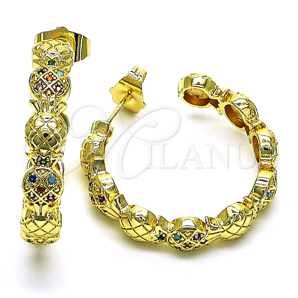 Gold Filled Hoop Earrings — Medium Hoop Pineapple Design with Multicolor Micro Pave — main product view — SKU 149876 | Oro Laminado aretes de aro — Medium Hoop Pineapple diseño with Multicolor Micro Pave — SKU 149876
