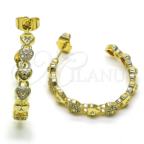 Oro Laminado Medium Hoop, Gold Filled Style Lock and Heart Design, with White Micro Pave, Polished, Golden Finish, 02.210.0784.30