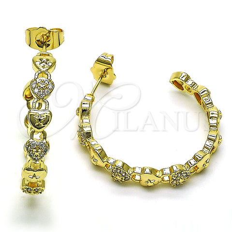 Oro Laminado Medium Hoop, Gold Filled Style Lock and Heart Design, with White Micro Pave, Polished, Golden Finish, 02.210.0784.30