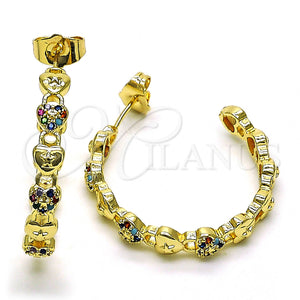 Gold Filled Hoop Earrings — Medium Hoop Lock and Heart Design with Multicolor — main product view — SKU 149880 | Oro Laminado aretes de aro — Medium Hoop Lock and corazón diseño with Multicolor — SKU 149880