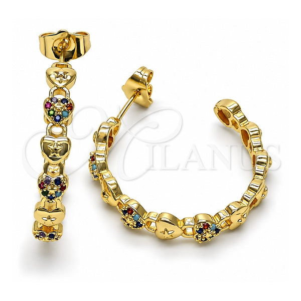Oro Laminado Medium Hoop, Gold Filled Style Lock and Heart Design, with Multicolor Micro Pave, Polished, Golden Finish, 02.210.0784.1.30