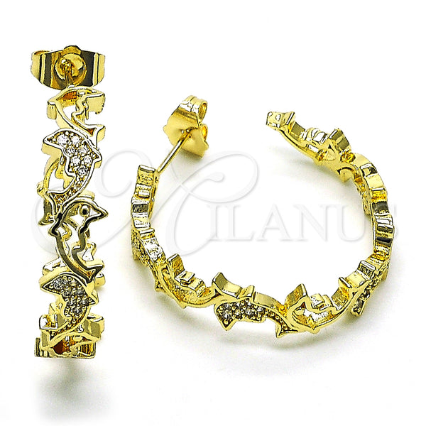 Gold Filled Hoop Earrings — Medium Hoop Dolphin Design with White Micro Pave — main product view — SKU 149881 | Oro Laminado aretes de aro — Medium Hoop Dolphin diseño with blanco Micro Pave — SKU 149881