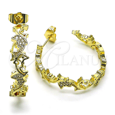 Oro Laminado Medium Hoop, Gold Filled Style Dolphin Design, with White Micro Pave, Polished, Golden Finish, 02.210.0785.30