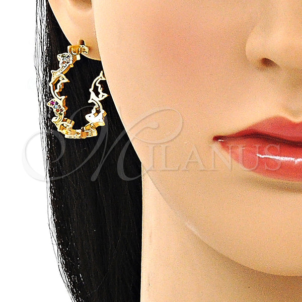 Gold Filled Hoop Earrings — Medium Hoop Dolphin Design with Multicolor Micro Pave — alternate product view — SKU 149882 | Oro Laminado aretes de aro — Medium Hoop Dolphin diseño with Multicolor Micro Pave — SKU 149882